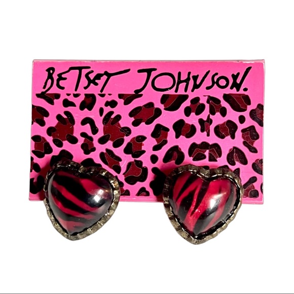 NEW- Betsey Johnson Gunmetal & Red Animal Print Heart Earrings